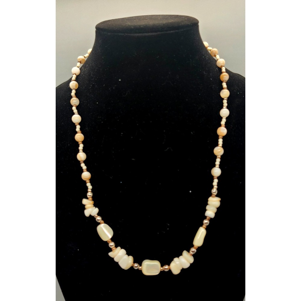 Vintage Mother of Pearl & natural Stone Agate Bead Necklace Chrome